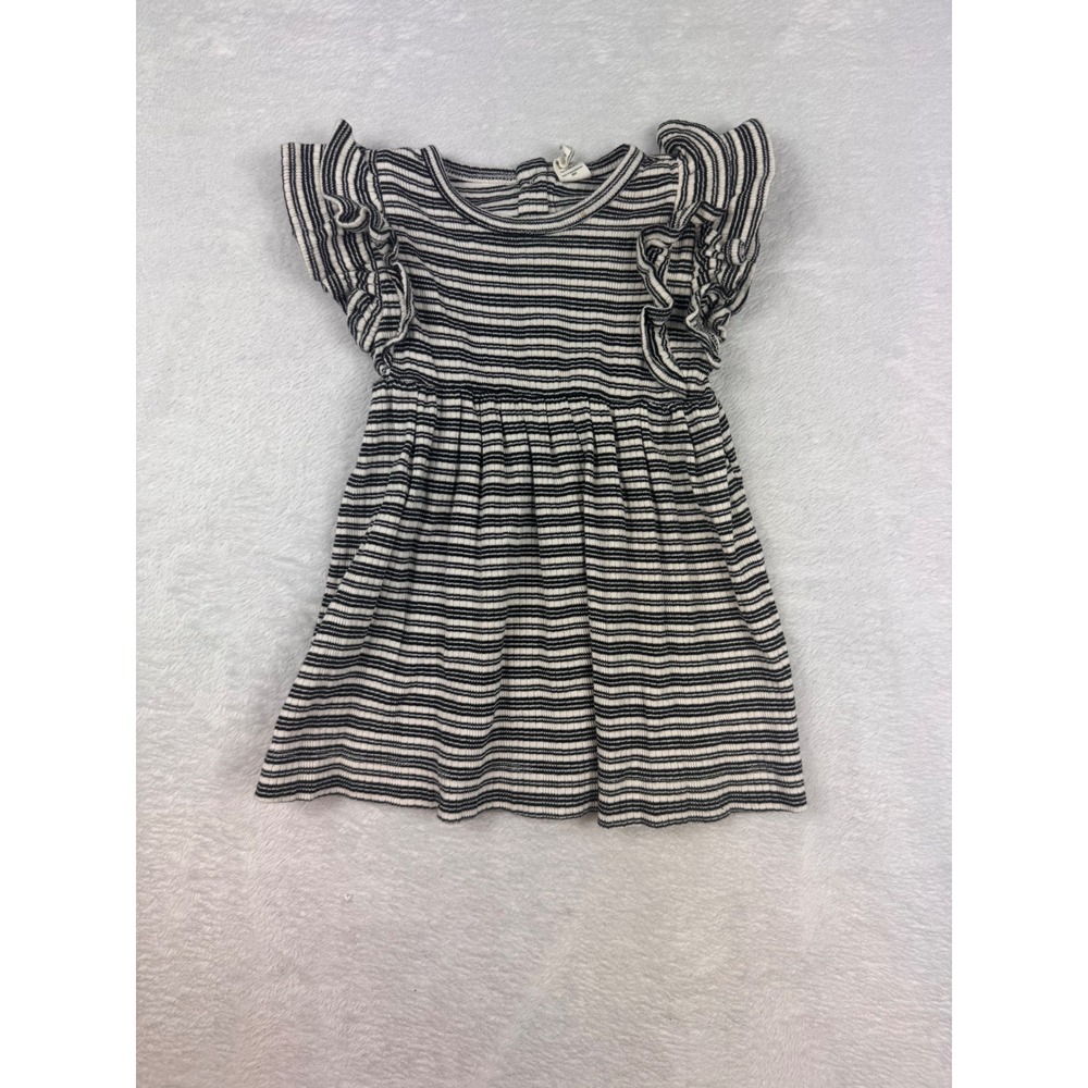Kate Quinn Striped Organic Cotton Ruffle Sleeve Dress 12-18M Black White Ribbed